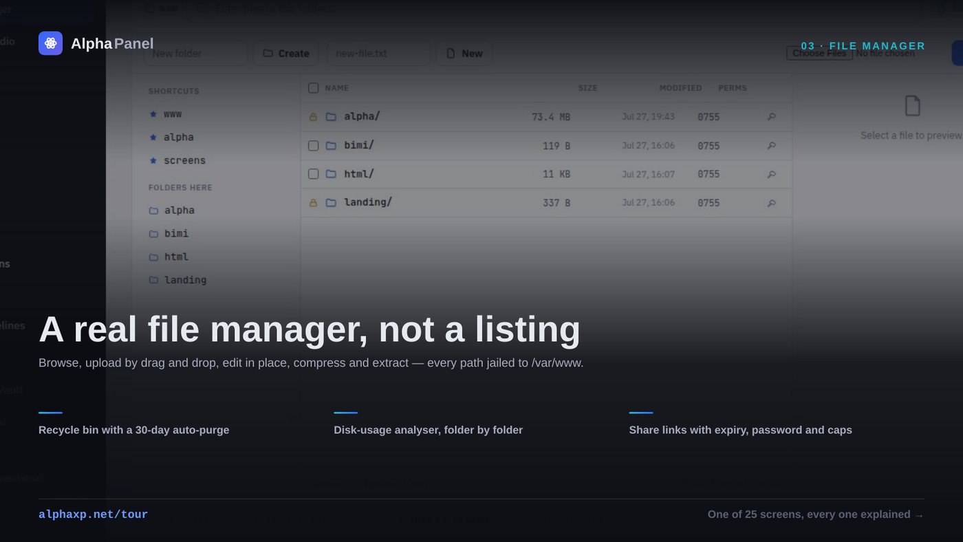 The file manager: browsing, preview, sharing and a recycle bin — over a real filesystem.