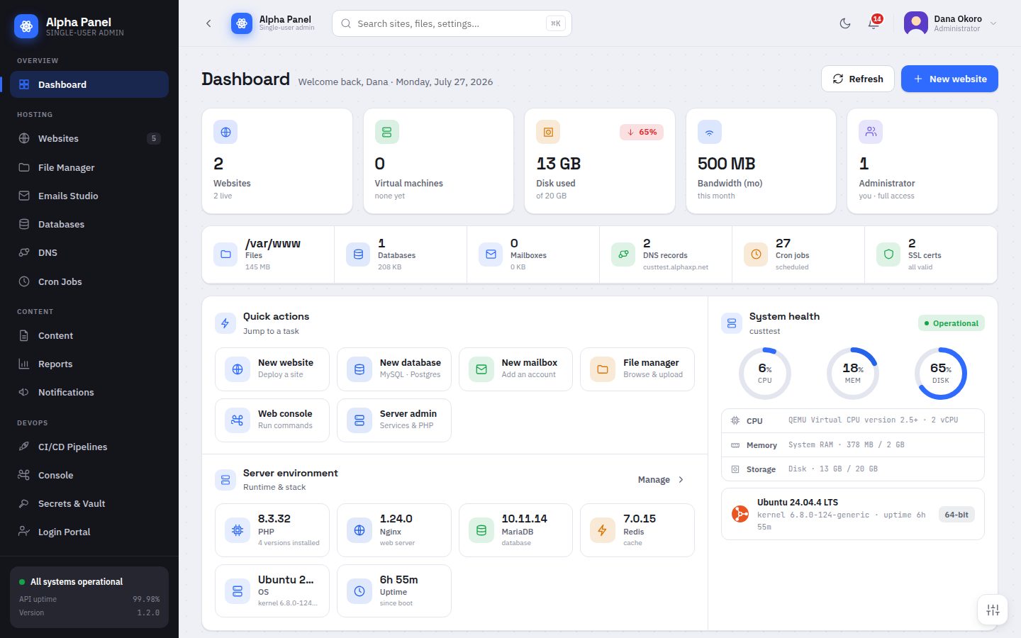 Dashboard screen in AlphaPanel
