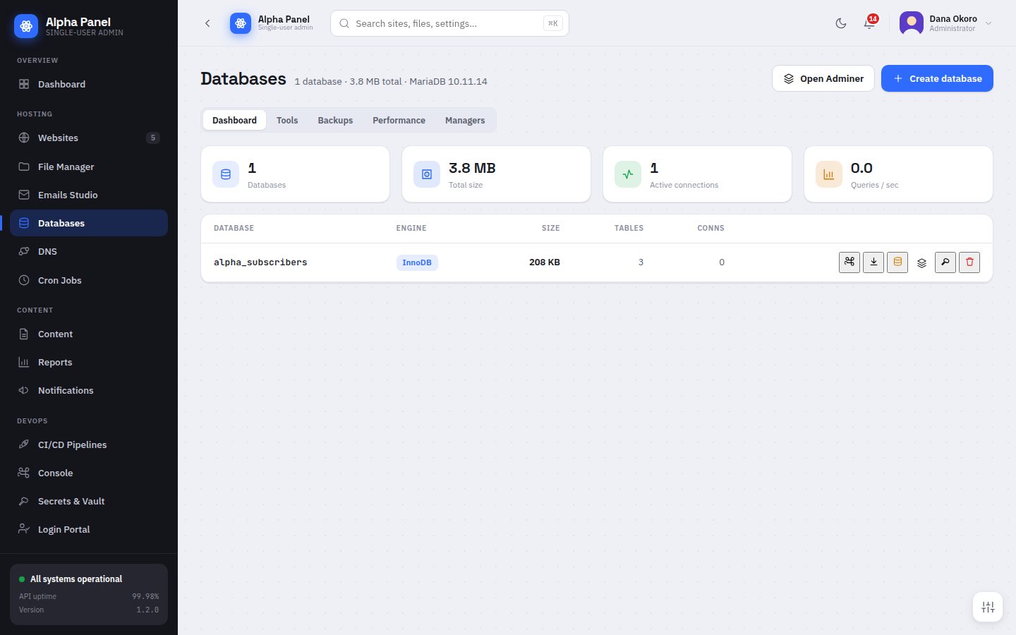 Databases screen in AlphaPanel