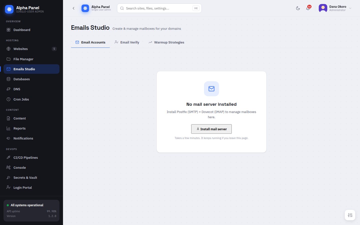 Emails Studio screen in AlphaPanel