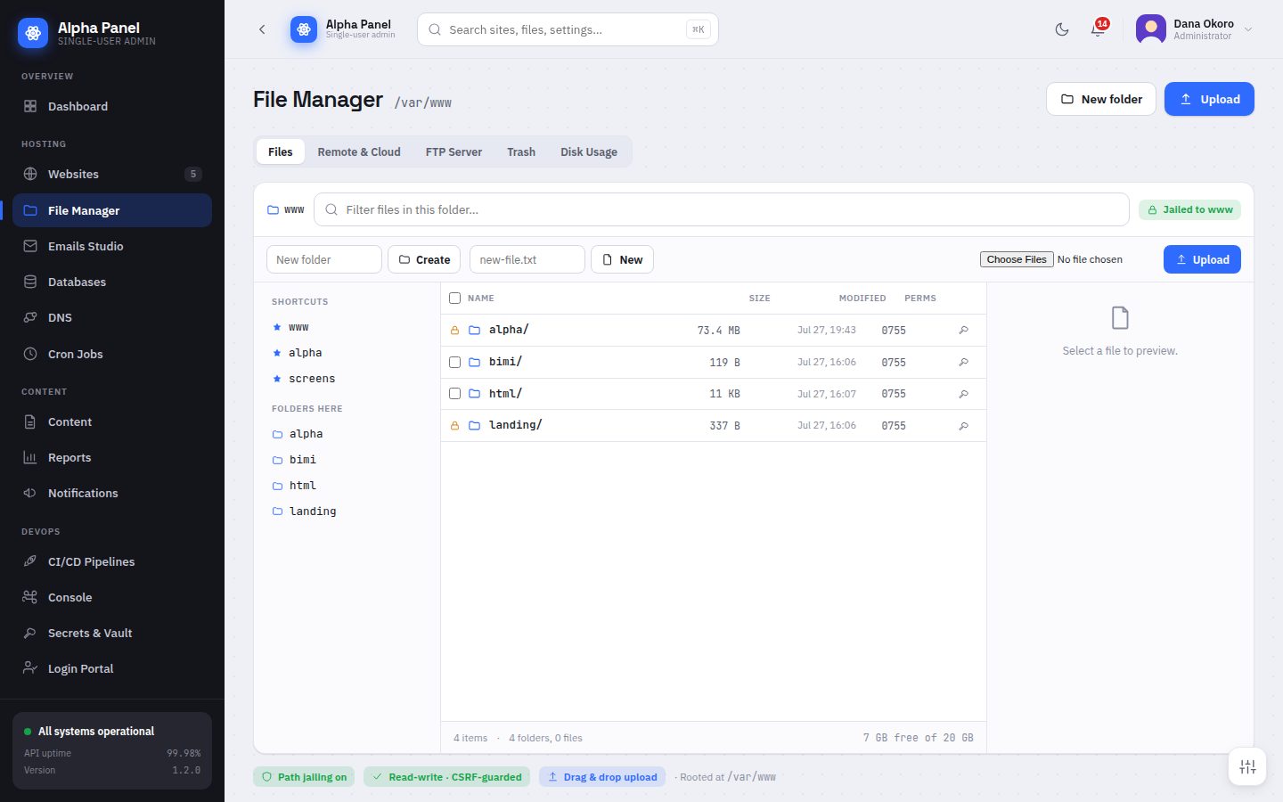 File Manager screen in AlphaPanel