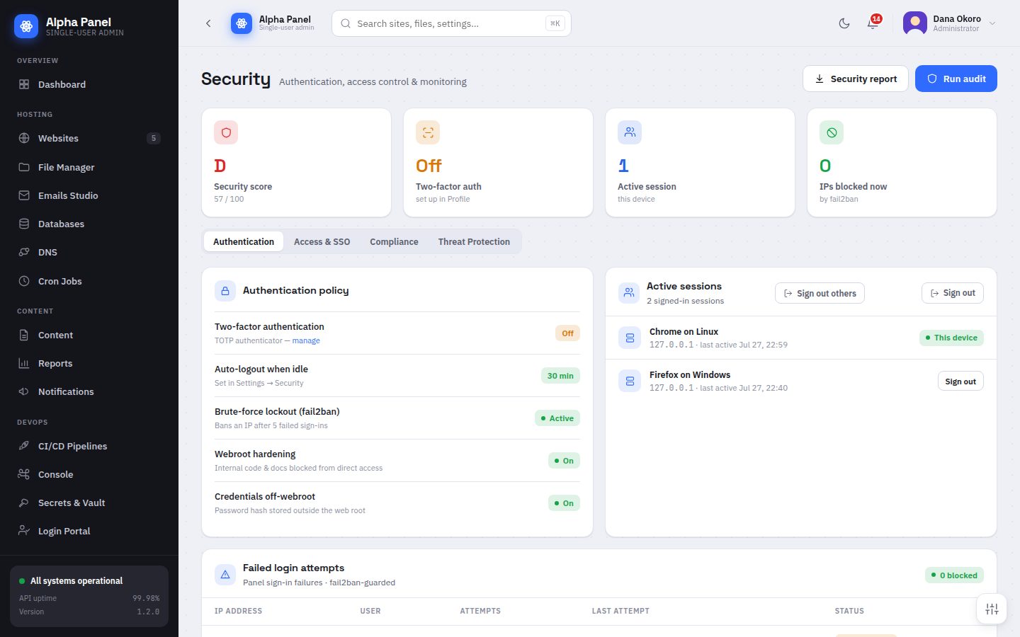 Security screen in AlphaPanel